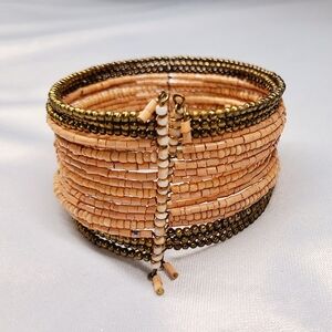 Boho Coral Pink and Brass Beaded Cuff Bracelet
